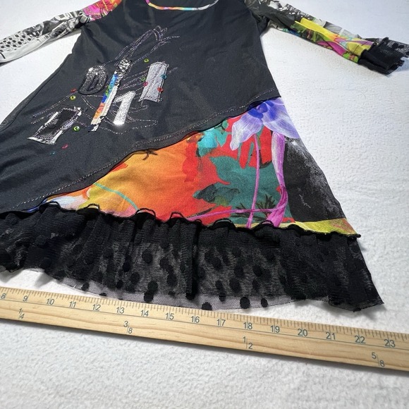 Artsy Mixed Media Patchwork Tunic Top L Black Floral Polka Dot Mesh Embellished - Picture 6 of 10